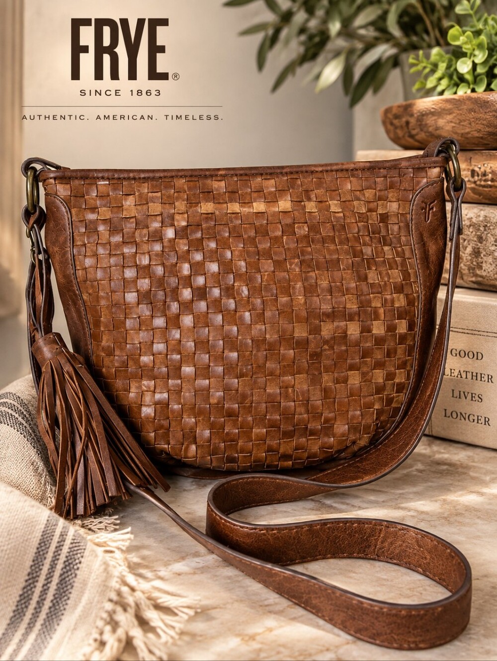 Frye Woven Leather Shoulder Bag in Chestnut Brown with Tassel